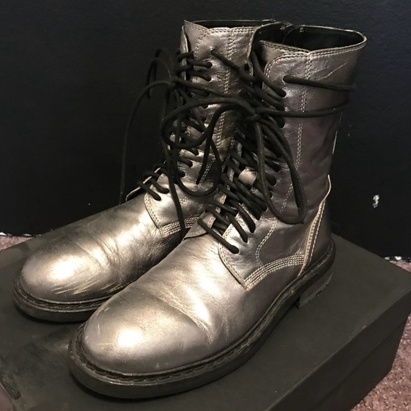 Ann Demeulemeester Shoes - Ann Demeulemeester silver laceup biker combat boot